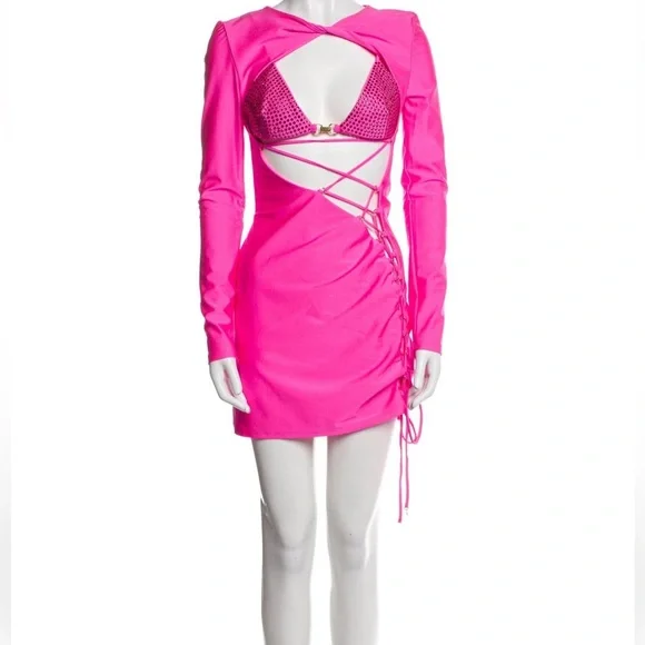 DUNDAS Vibrant Pink Mini Dress with Cut-Outs - Picture 1 of 3